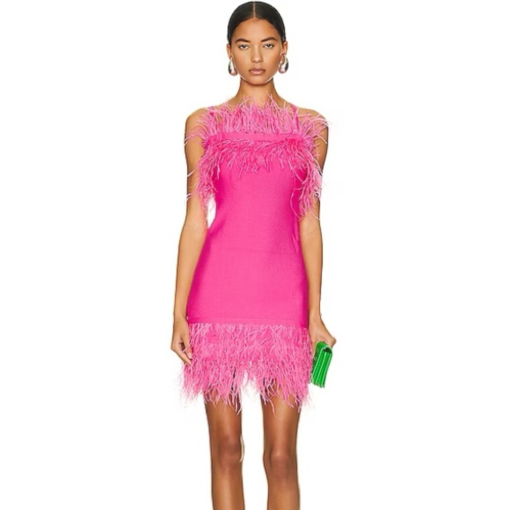 STAUD Hot Pink Feather-Trim Mini Dress